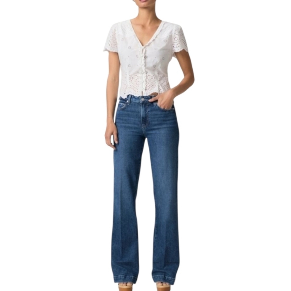PAIGE Dark Blue High-Rise Wide Leg Jeans